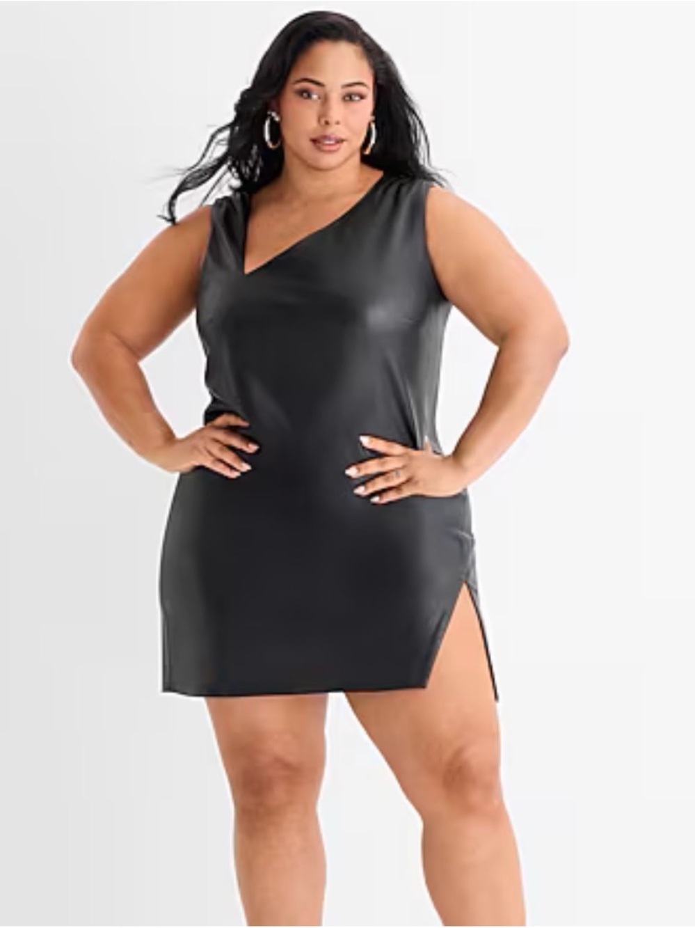 Ashley Graham Black Faux Leather V‑Neck Chemise with Side Slit